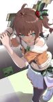  1girl absurdres ahoge aqua_eyes arms_up bare_shoulders black_camisole boots breasts brown_hair brown_pantyhose camisole collarbone commentary_request crop_top cropped_jacket dot_nose from_above furrowed_brow green_ribbon hair_between_eyes hair_ornament hair_ribbon halterneck heart heart_hair_ornament highres holding holding_sword holding_weapon hololive jacket looking_to_the_side medium_hair midriff minecraft minecraft_sword natsuiro_matsuri natsuiro_matsuri_(1st_costume) navel neck_ribbon nervous off-shoulder_jacket off_shoulder orange_jacket orange_trim pantyhose peanut_mouth pixel_heart pixelated pleated_skirt ribbon shade short_sleeves shorts side_ponytail side_slit sidelighting sidelocks skirt small_breasts solo_focus spaghetti_strap sword tearing_up two-tone_ribbon virtual_youtuber walking weapon white_background white_boots white_shorts white_skirt yuuzuki_(re'ef) zombie_(minecraft) 