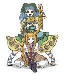  2girls alternate_hair_length_(shorter) alternate_hairstyle apron armor armored_dress black_sandals blonde_hair bloomers blue_hair brown_dress commentary_request dress frilled_apron frills grabbing_another's_hair green_apron green_headscarf hand_in_another's_hair haniwa_(statue) haniyasushin_keiki headscarf highres holding holding_another's_hair holding_plate joutouguu_mayumi legs_apart long_hair multiple_girls open_mouth peroponesosu. plate red_eyes sandals shirt short_sleeves skirt standing sweatdrop touhou white_background white_bloomers white_shirt wide_sleeves yellow_eyes yellow_shirt yellow_skirt 