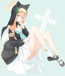  1girl absurdres animal_ear_headwear animal_ears aqua_background aqua_neckerchief black_dress black_shoes black_veil blue_archive blue_eyes blush braid cat_ears cat_girl closed_mouth collarbone commentary dress dutch_angle eyebrows_hidden_by_hair finger_to_mouth flower frilled_sleeves frills full_body hair_between_eyes halo hand_up hat hat_flower hat_ornament highres index_finger_raised invisible_chair kanikama_acedia knees_up leaf_hat_ornament legs long_hair long_sleeves looking_at_viewer low-braided_long_hair low-tied_long_hair mari_(blue_archive) mary_janes neckerchief nun orange_hair pinky_out puffy_long_sleeves puffy_sleeves sailor_collar sailor_dress school_uniform serafuku shoe_dangle shoes simple_background sitting smile socks solo thighs trinity_general_school_logo two-tone_dress veil white_dress white_flower white_sailor_collar white_socks yellow_halo 