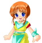  1girl armband blue_eyes commentary elpeo_puru esshemasha green_skirt gundam gundam_zz jewelry looking_at_viewer necklace open_mouth orange_hair ryukishi07_(style) shirt skirt white_background yellow_shirt 