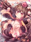  1girl autumn_leaves bird_wings black_skirt black_thighhighs black_wings blush border breasts brown_hair closed_mouth commentary_request falling_leaves frilled_skirt frills hat highres juliet_sleeves kemo_chiharu leaf long_sleeves looking_at_viewer maple_leaf medium_breasts medium_hair orange_border outside_border pointy_ears pom_pom_(clothes) puffy_sleeves red_eyes red_hat scarf shameimaru_aya shirt signature skirt smile solo thighhighs tokin_hat touhou white_shirt wings yellow_scarf 