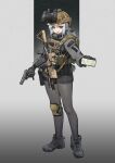  1girl absurdres ammunition_pouch assault_rifle asymmetrical_legwear belt black_background black_gloves black_pantyhose black_shorts bulletproof_vest character_request check_character combat_helmet elevation_contour_lines full_body gloves gradient_background grey_jacket gun handgun helmet highres holster hood hooded_jacket jacket knee_pads looking_at_viewer m4_carbine map night_vision_device open_mouth original pantyhose pouch red_eyes rifle shoes short_hair shorts sig_p220/p226 sig_sauer sneakers solo standing tactical_clothes tactical_gloves tuziki_sang two-tone_background weapon white_background white_hair 