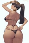  1girl absurdres adjusting_clothes adjusting_swimsuit ass bikini black_bikini black_hair blunt_bangs bracelet breasts commentary commission covered_nipples dark-skinned_female dark_skin earrings english_commentary from_behind hand_on_own_head highres hoop_earrings jewelry kritika large_breasts long_hair looking_at_viewer looking_back median_furrow neck_ring o-ring o-ring_bikini pixiv_commission ponytail red_eyes shoulder_blades side-tie_bikini_bottom simple_background solo string_bikini swimsuit tomatoketchup96 white_background 