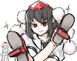  2girls black_hair black_ribbon collarbone commentary_request geta hat high_collar highres holding holding_shoes holding_unworn_clothes inubashiri_momiji medium_hair multiple_girls neck_ribbon peroponesosu. pointy_ears pom_pom_(clothes) puffy_short_sleeves puffy_sleeves red_eyes red_hat red_shoes ribbon ribbon-trimmed_sleeves ribbon_trim shameimaru_aya shirt shoes short_sleeves sleeve_cuffs sleeveless sleeveless_shirt sparkle tengu-geta tokin_hat touhou unworn_shoes white_hair white_shirt white_sleeves 