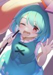  1girl ;d blue_hair blue_skirt blue_vest cross-laced_clothes holding holding_umbrella looking_at_viewer one_eye_closed open_mouth piyodesu purple_umbrella red_eyes shirt short_sleeves skirt smile solo tatara_kogasa tongue tongue_out touhou umbrella vest white_shirt 