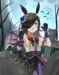  1girl animal_ears arms_up bat_wings blue_flower blue_rose brown_hair claw_pose fake_wings fang flower full_moon grave graveyard hair_over_one_eye highres horse_ears horse_girl long_hair looking_at_viewer maid_headdress make_up_in_halloween!_(umamusume) moon night official_alternate_costume open_mouth outdoors puffy_short_sleeves puffy_sleeves purple_eyes rice_shower_(make_up_vampire!)_(umamusume) rice_shower_(umamusume) rose short_sleeves small-wso6-bell solo spider_web_print tombstone umamusume wings 
