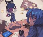  2girls ahoge angry black_skirt blue_hair blue_vest bulletin_board chair clenched_teeth collared_shirt commentary crumpled_paper desk english_commentary folder hair_between_eyes highres holding holding_chair indoors long_hair long_sleeves multiple_girls office office_chair office_lady original paper papers pencil_skirt phone piku184 pink_hair ponytail red_eyes shirt skirt skirt_suit spill standing sticky_note suit sweat sweatdrop swivel_chair teeth vest white_shirt 