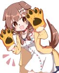  1girl :3 :d animal_collar animal_ears animal_hands blush bone_hair_ornament braid brown_eyes brown_hair chibi collar dog_ears dog_girl dog_tail dress fake_whiskers fang gloves hair_ornament hairclip hololive inugami_korone jacket leaning_forward long_hair looking_at_viewer low_twin_braids off_shoulder open_clothes open_jacket open_mouth paw_gloves rabiiandrain red_collar short_dress simple_background sleeveless sleeveless_dress smile solo tail twin_braids twintails v-shaped_eyebrows virtual_youtuber white_background white_dress yellow_jacket 