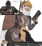 accipitrid accipitriform anthro armor avian beak bird blue_eyes bra brown_body brown_feathers clothing dialogue duo eagle english_text feathered_wings feathers female female_anthro gesture gun handgun handshake headgear helldiver helldivers helmet hi_res holding_gun holding_handgun holding_object holding_pistol holding_ranged_weapon holding_weapon human human_on_anthro interspecies looking_at_viewer machine male mammal neck_tuft one_eye_closed panties pistol power_armor quangdoann ranged_weapon text translucent translucent_clothing tuft underwear weapon wings wink winking_at_viewer x-ray_view