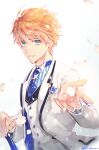  1boy arthur_pendragon_(fate) arthur_pendragon_(white_rose)_(fate) blonde_hair blue_eyes blue_necktie blue_shirt coat commentary falling_petals fate/grand_order fate_(series) h_sueun highres jacket male_focus necktie open_hand petals shirt signature smile solo striped_clothes striped_shirt sword tuxedo two-sided_fabric two-sided_jacket vest weapon white_coat white_vest 