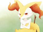  1girl animal_ear_fluff animal_ears animal_nose blush body_fur braixen closed_mouth commentary crossed_arms flat_chest fox_ears fox_girl fox_tail fur_collar furry furry_female gradient gradient_background green_background kemonobito looking_at_viewer pokemon pokemon_(creature) red_eyes sideways_mouth simple_background snout solo stick tail two-tone_fur white_fur yellow_fur 