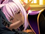  1boy 1girl :>= andou_tomoya armor black_gloves blush censored cheek_bulge dark-skinned_female dark_elf dark_skin elf fellatio game_asset gloves gold_trim hair_intakes hair_ribbon hand_on_another's_head hetero himekishi_olivia indoors long_hair long_pointy_ears mosaic_censoring non-web_source official_art open_fly oral pauldrons penis pink_hair pointy_ears ponytail red_eyes ribbon self-datamine shoulder_armor solo_focus teresa_keltula variant_set visual_novel_cg window 
