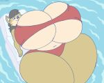 2022 anthro big_breasts black_hair breasts brown_eyes canid canine canis coyote digital_media_(artwork) female fur hair huge_breasts huge_thighs hyper hyper_breasts june_coyote lying mammal navel on_back pool_float solo tan_body tan_fur thick_thighs virus-20 voluptuous_anthro voluptuous_female water wide_hips