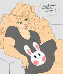  anthro big_breasts blonde_hair breasts chocolate_bunnie cleavage clothed clothing furniture hair hi_res huge_breasts lips mammal shirt sofa thick_lips thick_thighs topwear 