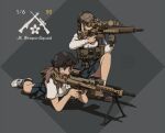  2girls aiming artist_name assault_rifle bag bare_legs baseball_cap battle_rifle belt blue_eyes blue_skirt broken_arrow_(game) brown_hair bulletproof_vest combat_helmet earphones etmc1992 full_body grey_background gun h&amp;k_g28 h&amp;k_mg5 hat helmet highres holding holding_weapon m14 m60_(machine_gun) machine_gun multiple_girls on_one_knee original rifle school_bag school_uniform shirt shoes short_hair silhouette simple_background skirt sneakers submachine_gun tactical_clothes tactical_school_uniform weapon white_hair white_shirt 