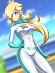  1girl alternate_costume bandana biker_clothes bikesuit blonde_hair blue_eyes blue_sky blurry blurry_background bodysuit closed_mouth crown dutch_angle earrings hair_over_one_eye highres irohazakayouth jewelry long_hair mario_(series) navel outdoors rosalina sky smile solo standing star_(symbol) star_earrings super_mario_galaxy 