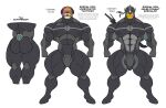abs anthro aquatic biceps big_muscles black_body buizel bulge butt clothing deltoids dronesuit duo english_text facial_hair forearm_muscles generation_4_pokemon generation_8_pokemon hammerspace hi_res legendary_pokemon male mammal melee_weapon military_uniform muscular muscular_male mustache nintendo nipple_outline pecs pinniped pokemon pokemon_(species) pokemon_clothing rear_view seal simple_background spread_legs spreading standing stealth stealth_suit sword sword_on_back tactical_gear text thick_thighs tiburalgo trapezius uniform urshifu weapon weapon_on_back white_background