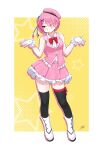  1girl alternate_costume arms_at_sides beret black_thighhighs boots bow bowtie collared_shirt commentary commission english_commentary frilled_jacket frilled_skirt frills full_body gloves grin hair_ornament hair_ribbon hands_up hat highres jacket looking_to_the_side miarin141 pink_eyes pink_hair pink_hat pink_jacket pink_skirt pleated_skirt purple_ribbon ram_(re:zero) re:zero_kara_hajimeru_isekai_seikatsu red_bow red_bowtie ribbon shirt short_hair shrugging signature skirt sleeveless sleeveless_jacket sleeveless_shirt smile solo teeth thighhighs two-tone_background white_background white_boots white_gloves white_shirt x_hair_ornament yellow_background zettai_ryouiki 