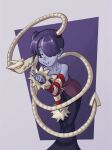  1girl absurdres bare_shoulders blue_skin bone closed_mouth collarbone colored_skin commentary detached_sleeves english_commentary hair_over_one_eye highres holding holding_bone leaning_forward leviathan_(skullgirls) long_hair long_skirt long_sleeves looking_at_another looking_down object_through_head one_eye_covered piku184 purple_background purple_hair red_eyes red_sleeves side_ponytail simple_background skirt skull skullgirls smile solo squigly_(skullgirls) stitched_mouth stitches striped_sleeves white_sleeves zombie 