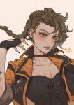  1girl absurdres apex_legends black_gloves black_jacket black_nails breaking_the_law_loba breasts brown_eyes chinese_commentary choker cleavage collarbone double_bun ear_piercing eureka1812 fingerless_gloves floating_hair gloves hair_bun highres jacket loba_(apex_legends) medium_breasts official_alternate_costume parted_lips piercing red_choker solo 