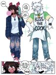  1boy 1girl antlers apron asriel_dreemurr blowing_bubble_gum blush brown_fur chewing_gum closed_eyes closed_mouth commentary december_holiday deltarune design_speculation english_commentary english_text furry furry_female furry_male goat_horns heartbreak_juan horns kiss_the_cook open_mouth reindeer_antlers smile speech_bubble thought_bubble utdr_(toby_fox) white_apron white_fur 