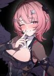  1girl absurdres artist_name black_dress black_shrug black_wings breasts chest_belt cleavage commentary dress finger_to_mouth highres ichi0zero large_breasts looking_at_viewer md5_mismatch medium_hair one_eye_closed pink_hair pointy_ears purple_eyes remielle_dan shrug_(clothing) shushing smile solo wings zenless_zone_zero 