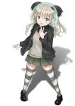  1girl animal_ears bird_ears bird_girl black_jacket black_shoes blonde_hair blue_eyes blush commentary_request full_body green_skirt highres hirschgeweih_antennas jacket long_hair looking_at_viewer luminous_witches necktie open_mouth shionic_zm shoes simple_background skirt solo standing striped_clothes striped_thighhighs sweater thighhighs virginia_robertson white_background world_witches_series 
