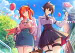  2girls alternate_costume arknights bag balloon black_hair black_skirt blue_sky breasts building city closed_mouth cloud commentary_request demon_girl demon_horns entelechia_(arknights) food from_below hair_between_eyes hair_horns handbag highres holding holding_food holding_popsicle horns laevatein_(la3vatein) looking_at_viewer md5_mismatch medium_breasts mole mole_under_eye multiple_girls outdoors pointy_ears popsicle purple_eyes red_eyes red_hair short_hair skirt sky skyscraper surtr_(arknights) thigh_strap tree 