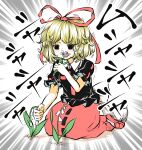  1girl back_bow black_shirt blonde_hair bow commentary_request contrast_collar eating emphasis_lines frilled_shirt_collar frills hair_ribbon highres kneeling medicine_melancholy peroponesosu. plant red_ribbon red_shoes red_skirt ribbon shirt shoes short_hair skirt solid_circle_pupils solo touhou translation_request white_background white_bow 