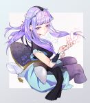  1girl absurdres back border bug butterfly glowing_butterfly hair_ornament hair_rings half-closed_eyes highres long_hair looking_back needle parted_lips purple_eyes purple_hair qin_shi_ming_yue shao_siming_(qin_shi_ming_yue) shiqi_jinnian_shiqi_sui sitting solo thighhighs veil 