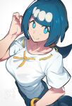  1girl artist_logo bangs blue_eyes blue_hair blue_pants breasts bright_pupils collarbone freckles hair_ornament hand_up hata4564 highres hoop lana&#039;s_mother_(pokemon) large_breasts looking_at_viewer mature_female medium_hair no_sclera pants pokemon pokemon_(anime) pokemon_sm_(anime) shirt short_sleeves simple_background smile solo swept_bangs white_background white_pupils white_shirt 