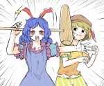  2girls animal_ears blonde_hair blue_dress blue_hair brown_hat closed_mouth collarbone commentary_request dress emphasis_lines floppy_ears frilled_dress frilled_sleeves frills groin hat highres holding kine long_hair mallet multiple_girls open_mouth orange_shirt peroponesosu. rabbit_ears rabbit_girl red_eyes ringo_(touhou) shirt short_sleeves shorts teeth touhou white_background yellow_shorts 