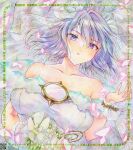  1girl adversarial_noise alternate_costume alto2019 bare_shoulders breasts bridal_veil bride collarbone commentary_request dress falling_petals flower glowing glowing_petals highres large_breasts medium_hair mirror petals pink_petals purple_eyes purple_hair qr_code signature solo strapless strapless_dress touhou touhou_lostword traditional_media twitter_username veil watermark wedding_dress white_dress white_flower white_veil white_wrist_cuffs wrist_cuffs yasaka_kanako 