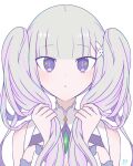  1girl :o alternate_hairstyle bangs bare_shoulders blunt_bangs breasts cleavage commentary_request detached_sleeves dress egamitai123 emilia_(re:zero) gem green_gemstone grey_hair hair_ornament hands_up highres holding holding_hair long_hair looking_at_viewer medium_breasts purple_eyes re:zero_kara_hajimeru_isekai_seikatsu signature simple_background slit_pupils solo sparkling_eyes twintails upper_body white_background white_dress x_hair_ornament 