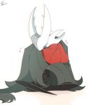 2_horns ambiguous_gender arthropod biped black_body cloak clothed clothing duo fingers half_sister_(lore) hi_res hollow_knight_(character) hollow_knight_(franchise) horn hornet_(hollow_knight) hug hugging_another kokuu_806 red_cloak red_clothing sibling_(lore) sister_(lore) sitting team_cherry vessel_(species)