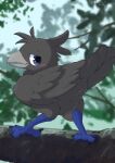 2022 4_toes absurd_res ambiguous_gender anisodactyl avian avian_butt avian_feet beak bird black_body black_feathers blue_eyes blush claws corvid corvus_(genus) dated day detailed digital_media_(artwork) feathered_wings feathers featureless_crotch feet feral fusau grey_beak grey_body grey_feathers hi_res looking_at_viewer looking_back monotone_body open_mouth oscine outside passerine plant signature smile solo standing tail tail_feathers talons toes tree wings