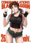  1girl absurdres anniversary artist_name azasuke belt beretta_92 black_lagoon black_tank_top breasts brown_eyes brown_hair cigarette collarbone commentary_request crop_top cutoffs denim denim_shorts english_text fingerless_gloves gloves green_belt gun handgun highres holster large_breasts long_hair looking_at_viewer midriff navel ponytail revy_(black_lagoon) shorts shoulder_holster shoulder_tattoo tank_top tattoo tribal_tattoo v weapon 