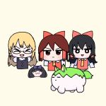  4girls :3 :d absurdres black_eyes black_vest blonde_hair bow braid bright_pupils chibigurumi closed_eyes closed_mouth commentary_request cookie_(touhou) creature daiyousei diyusi_(cookie) fang glasses hair_bow hakurei_reimu highres hotaruda_(cookie) kirisame_marisa long_hair looking_at_viewer multiple_girls open_mouth psychic_parrot purple_bow red_bow red_eyes red_vest sakenomi_(cookie) shirt short_hair shunga_youkyu side_braid simple_background single_braid smile star_sapphire sukusuku_hakutaku touhou uzuki_(cookie) vest white_pupils white_shirt yellow_background yukkuri_shiteitte_ne 