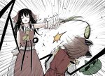  2girls animal_ears ascot black_hair bow brown_hair cat_ears cat_girl cat_teaser chen closed_eyes commentary_request detached_sleeves emphasis_lines frilled_bow frills from_behind green_hat hair_bow hakurei_reimu hat highres hitting holding holding_cat_teaser mob_cap multiple_girls peroponesosu. red_bow red_shirt red_skirt red_vest ribbon ribbon-trimmed_sleeves ribbon_trim shirt shirt_tucked_in short_hair skirt sleeveless sleeveless_shirt standing touhou undershirt unworn_headwear vest white_background white_shirt yellow_ascot yellow_ribbon you're_doing_it_wrong 