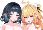  1girl :3 :d ahoge animal_ears black_hair blonde_hair breasts cissia_(zenless_zone_zero) collarbone commentary duchi0356 finger_to_own_chin green_eyes jane_doe_(zenless_zone_zero) large_breasts long_hair mouse_ears portrait red_eyes simple_background smile solo white_background zenless_zone_zero 
