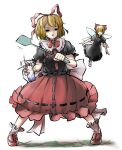  2girls back_bow black_dress black_shirt blonde_hair bow bowtie bubble_skirt commentary_request contrast_collar dress fairy_wings flying frilled_dress frilled_shirt_collar frills hair_bow hair_ribbon highres holding holding_spray_can legs_apart medicine_melancholy multiple_girls open_mouth peroponesosu. red_bow red_bowtie red_ribbon red_shoes red_skirt ribbon shaded_face shirt shoes short_hair short_sleeves skirt socks spray_can standing su-san touhou white_background white_bow white_socks wings 