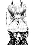  1girl alternate_breast_size arknights between_breasts blush breasts bursting_breasts button_gap edobox feather_hair fiammetta_(arknights) huge_breasts jacket monochrome necktie necktie_between_breasts off_shoulder sweat white_background 