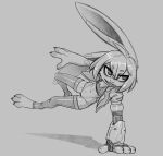 2026 3_toes 4_fingers ahoge anthro athletic athletic_anthro athletic_female bangs bottomless bottomless_female chest_tuft claws clothed clothed_anthro clothed_female clothing clover_(polygoncherub) cybernetic_arm cybernetic_limb detailed digital_drawing_(artwork) digital_media_(artwork) eyebrows facial_tuft featureless_crotch feet female female_anthro fingers flat_chested front_view full-length_portrait greyscale hair hand_on_ground hi_res hip_tuft jacket jacket_vest lagomorph legwear leporid long_ears mammal monochrome navel open_mouth parkour portrait pose rabbit robot_anthro shadow shirt short_hair side_bangs sketch solo tank_top teeth_showing thigh_highs toes topwear topwear_only tuft vest w4g4