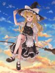  1girl absurdres apron black_footwear black_headwear black_skirt black_vest blonde_hair blush bow braid breasts broom broom_riding buttons cloud cloudy_sky commentary_request frilled_hat frilled_skirt frills full_body hand_on_headwear hat hat_bow highres kirisame_marisa long_hair mary_janes mumipyonn open_mouth outdoors puffy_short_sleeves puffy_sleeves shirt shoes short_sleeves side_braid single_braid sitting skirt sky small_breasts socks solo sunset touhou turtleneck vest waist_apron wavy_hair white_apron white_bow white_shirt white_socks yellow_eyes 