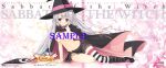  1girl absurdres arm_support ayachi_nene ayachi_nene_(witch) belt belt_collar black_boots black_cape black_hat black_skirt blush boots breasts cape cleavage collar commentary_request company_name copyright_name falling_feathers feathers floating_hair full_body furrowed_brow grey_hair hair_ribbon hand_up hat highres jpeg_artifacts kizuki_erika large_breasts long_hair looking_at_viewer miniskirt navel nipples official_art open_mouth pink_belt pink_cape pleated_skirt promotional_art purple_eyes ribbon sample_watermark sanoba_witch second-party_source side_slit simple_background single_thighhigh sitting skirt smile solo stomach straight_hair striped_clothes striped_thighhighs thighhighs two-sided_cape two-sided_fabric very_long_hair watermark white_background white_feathers witch witch_hat yellow_ribbon yokozuwari 