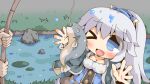  >_o 1boy 1girl :d blue_eyes blue_ribbon blush breasts brown_shorts cleavage collarbone colorjelly commentary_request deformed fish fishing fishing_line fishing_rod framed_breasts game_asset grey_hair hair_between_eyes hands_up holding holding_fishing_rod jacket long_hair long_sleeves medium_breasts official_art one_eye_closed open_clothes open_hands open_jacket outdoors pair_tabi_skinship pond ponytail ribbon shorts sidelocks smile spread_fingers tareme tirena_(pair_tabi_skinship) visual_novel_cg water 