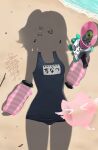 1girl 4kebidayo absurdres arm_warmers beach blue_one-piece_swimsuit commentary_request dressed_shadow_(meme) earrings hair_ornament hairclip heart heart_hair_ornament highres implied_nudity jewelry megaphone meme musical_note_earrings one-piece_swimsuit pink_arm_warmers sand school_swimsuit striped_arm_warmers sunna_(zenless_zone_zero) swimsuit translation_request unworn_clothes unworn_earring unworn_hair_ornament unworn_hairclip unworn_swimsuit water zenless_zone_zero 