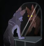  altered_reflection anthro black_background brown_body brown_fur cackling-beast canid canine canis coyote daydream_(cackling-beast) facial_scar fur glowing glowing_eyes gore hi_res male mammal mirror muzzle_scabs reflection scar simple_background solo vent_art 