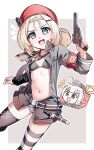  !? 2girls :d absurdres arm_behind_back asymmetrical_legwear beret bikini black_bikini black_bra black_jacket black_necktie blonde_hair blue_eyes blush bra braid braided_hair_rings breasts c96_(girls'_frontline) commission cross double_bun duplicate english_commentary girls'_frontline girls'_frontline_2:_exilium gun hair_bun hair_ornament hair_rings hairclip hand_up handgun hat highres holding holding_gun holding_weapon iron_cross jacket knife looking_at_viewer mauser_c96 medium_hair mismatched_legwear mismatched_thighhighs mismatched_underwear mp5_(girls'_frontline) multiple_girls navel necktie no_pants open_clothes open_jacket open_mouth panties peri_(girls'_frontline_2) pixel-perfect_duplicate red_hat senpaihawkkun small_breasts smile solo_focus stomach striped_clothes striped_panties striped_thighhighs surprised swimsuit thighhighs underwear weapon 