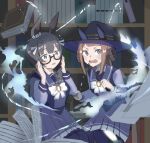  2girls animal_ears black_hair book bookshelf brown_hair ear_ornament glasses green_eyes hat highres holding holding_wand horse_ears horse_girl long_hair long_sleeves magic medium_hair multiple_girls open_mouth pantyhose purple_eyes purple_pantyhose purple_serafuku scared school_uniform semi-rimless_eyewear serafuku side_ponytail small-wso6-bell sweep_tosho_(umamusume) tracen_school_uniform umamusume wand witch_hat zenno_rob_roy_(umamusume) 